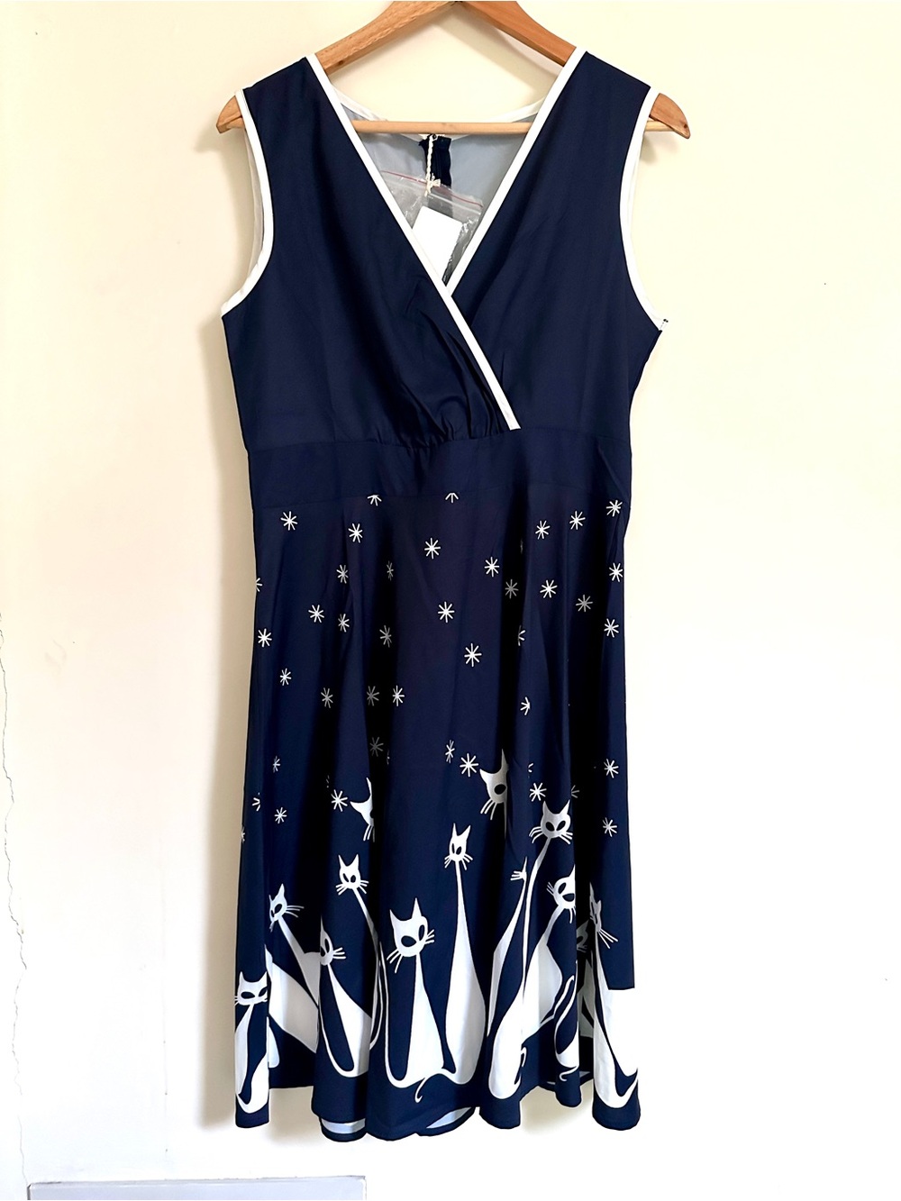 Navy Cat Print Sleeveless Dress with White Trim